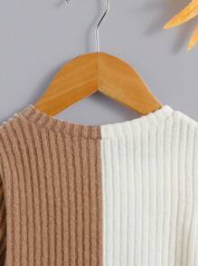 SHEIN Leap Crew Young Girl Street Style Knit Patchwork Long Sleeve Top - Khaki - View 6