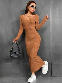 SHEIN EZwear 小高領條紋長袖連身裙 - 橘色 - 查看 6