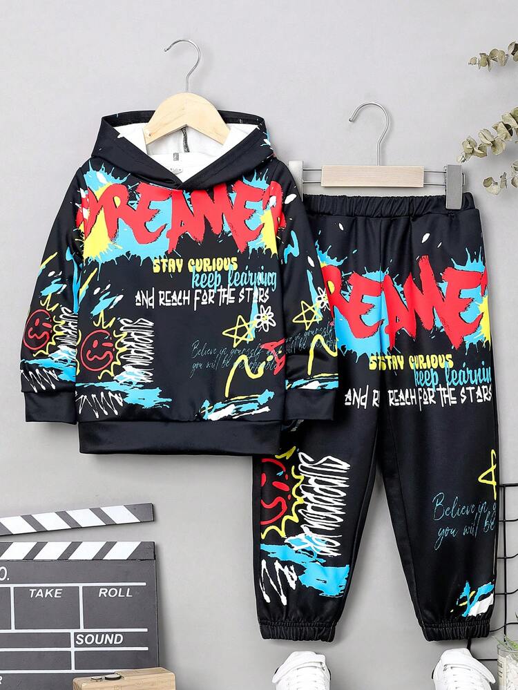 2 pezzi Set di tuta da ragazzo giovane con felpa con cappuccio e pantaloni in pile stampati, casual e comodi, in pile spesso