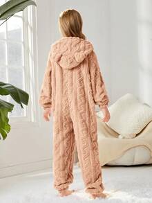 SHEIN Cô gái Dệt kim Màu thuần Dệt hoa Lông cừu áo có mũ Lỏng lẻo phù hợp Một miếng Áo liền quần Đối với Nhà  Mặc - Lạc đà - Xem 2