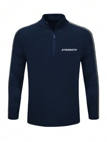 Manfinity Sport Corelite 男士立領四分拉鍊t恤,帶有字母印花設計 - 藍色 - 查看 3