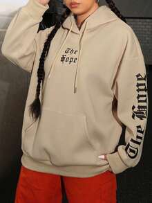 SHEIN EZwear Kích thước lớn Đơn giản Lá thư In Áo nỉ - Màu be - Xem 4