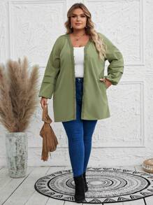 EMERY ROSE Women's Plus Size Green Lace Trimmed Decor Coat - Army Green - View 4