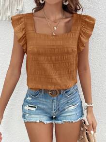 SHEIN VCAY Blusa De Mujer De Color Marrón Con Cuello Cuadrado Y Manga Corta Acampanada - Marrón - Ver 6