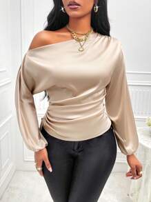 SOLERSUN Asymmetrical Neck Drawstring Side Satin Blouse One Shoulder Top Fall Cloth For Women