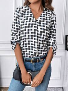 SHEIN Clasi 女性全印花幾何圖案卷袖衫 - 黑與白 - 查看 6