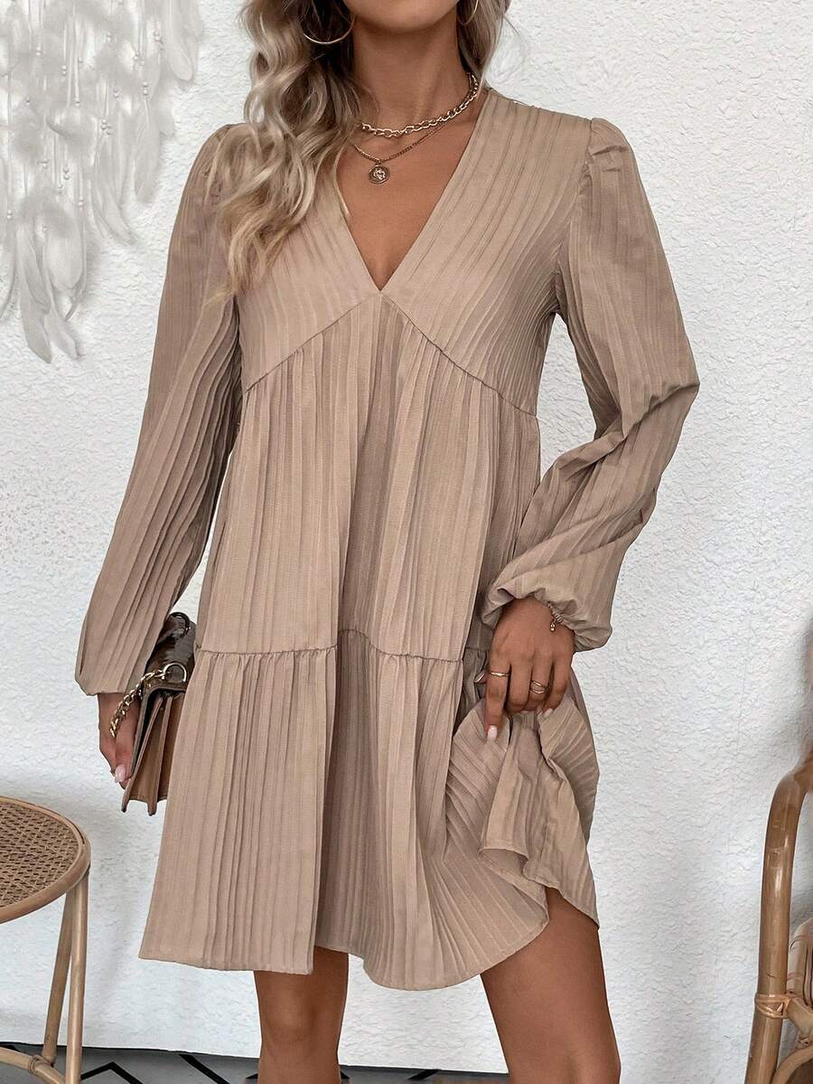 SHEIN LUNE 氣球袖褶皺女款中長裙 - 藕粉色 - 查看 1