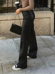 MYOURSA 时尚百搭高腰仿PU皮直筒裤 - 黑色 - 查看 4