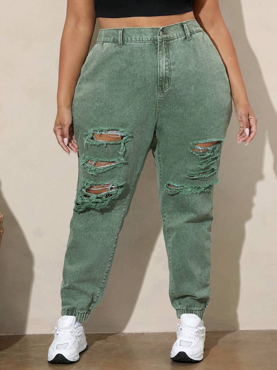 SHEIN CURVE+ Plus Size Distressed Denim Jeans - Green - View 1