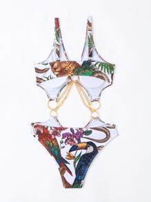 Women'S Leopard Print Cutout One-Piece Swimsuit With Chain Decoration - Multicolor - View 5