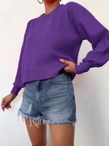 EURMUSE Solid Drop Shoulder Sweater - Purple - View 5