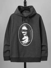 SHEIN Cottnline Men's Character Print Hooded Sweatshirt - Dark Grey - View 1