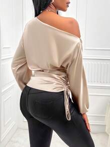 SOLERSUN Asymmetrical Neck Drawstring Side Satin Blouse One Shoulder Top Fall Cloth For Women