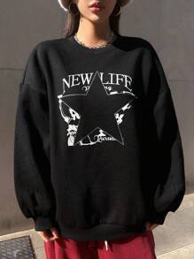 Dazy Star Women's Letter & Star Pattern Drop Shoulder Sweatshirt - Black - View 3