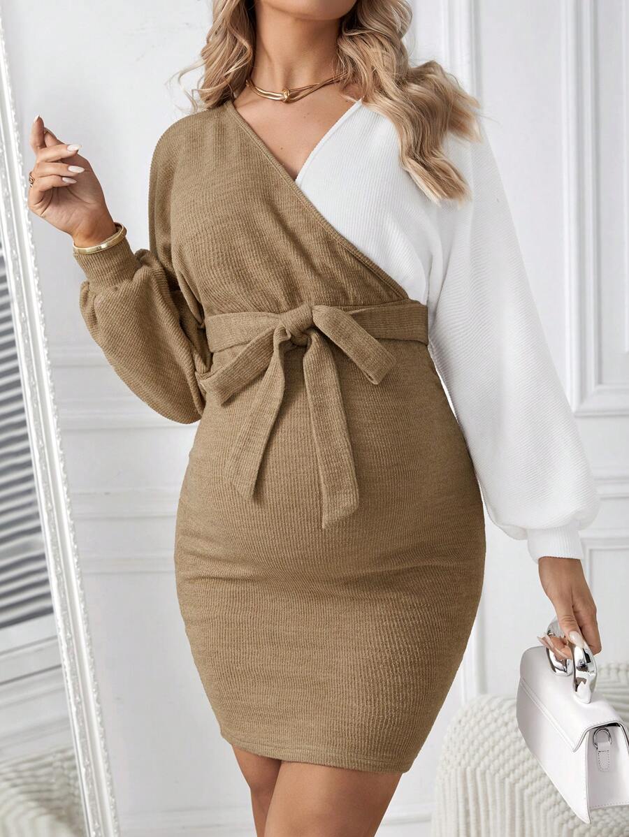 SHEIN 孕婦撞色燈籠袖束帶連身裙 - 彩色 - 查看 1