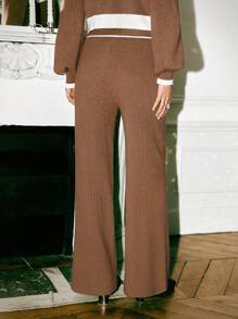SHEIN Frenchy Contrast Trim Ribbed Knit Pants Winter Brown - Khaki - View 2