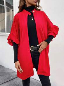 SHEIN Clasi 1pc Ruffle Trim Batwing Sleeve Open Front Overcoat - Red - View 1