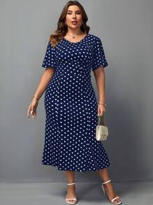 SHEIN Clasi 大碼波點印花蝴蝶袖洋裝 - 藏蓝色 - 查看 3