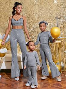 SHEIN Baby Girl Solid Tee & Flare Leg Pants"Mommy&Me"(3 sets are sold separately) - Silver - View 1