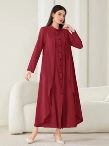 Al Najma 勃艮第红色女士纯色纽扣宽松阿拉伯休闲长袍连衣裙 - 酒紅色 - 查看 5