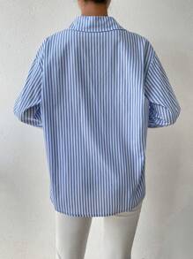 SHEIN Essnce 條紋印花落肩袖襯衫 - 藍色 - 查看 2