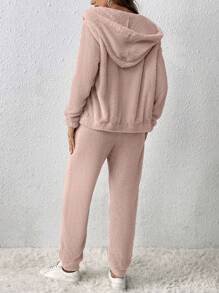 SHEIN Frenchy Women's Zip-up Fleece Jacket And Sweatpants Set - Dusty Pink - View 2