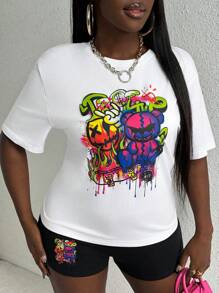 Slaydiva Women's Letter & Cartoon Pattern Drop Shoulder Top And Shorts Set - Multicolor - View 3