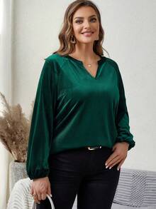 EMERY ROSE Loose Fit Plus Size Sweetheart Collar Long Sleeve T-Shirt - Dark Green - View 5