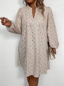 SHEIN LUNE Plus Gold Dot Print Lantern Sleeve Dress - Apricot - View 7