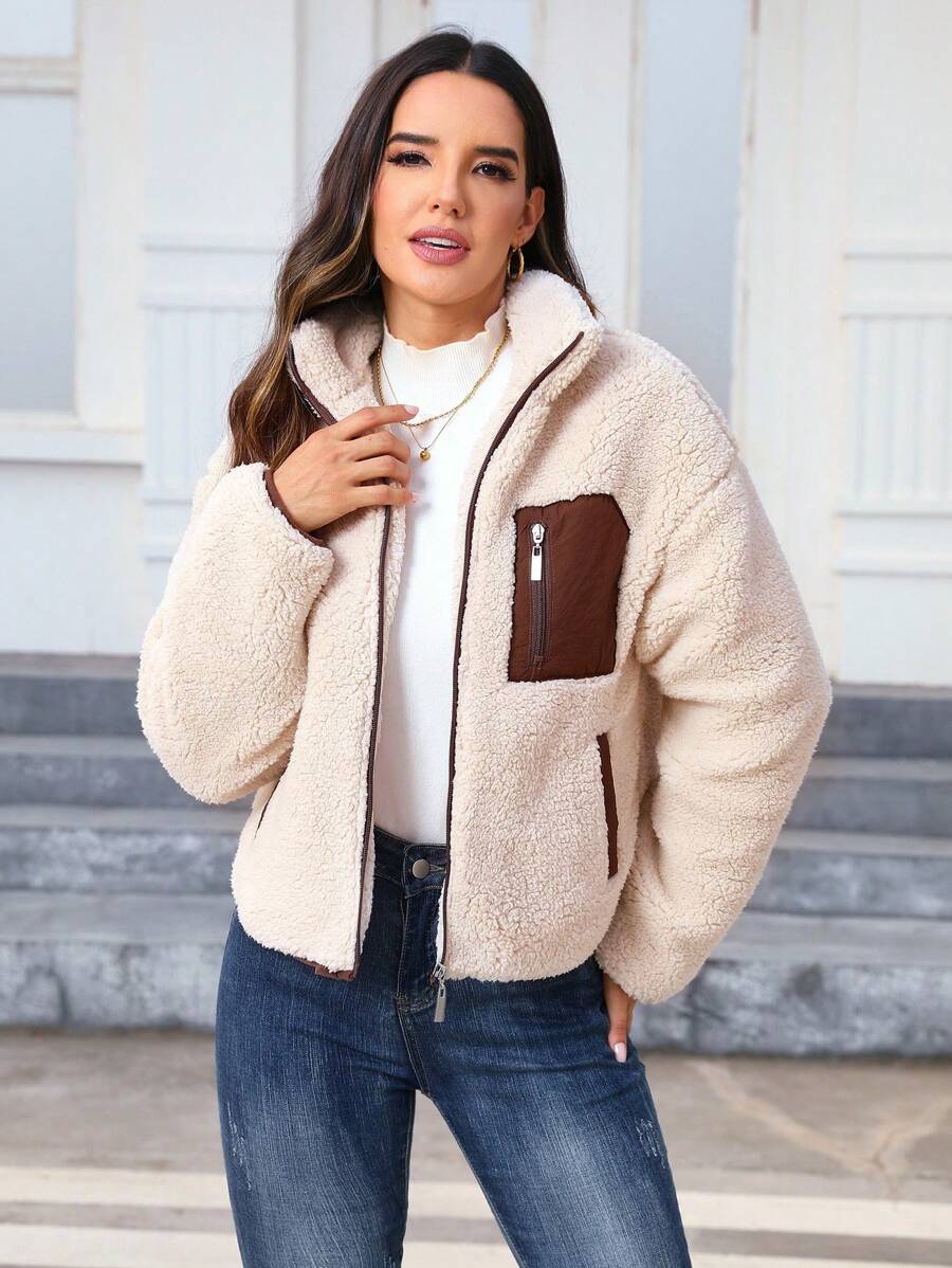 Women's Casual Faux Fur Jacket For Autumn/Winter - Beige - View 1