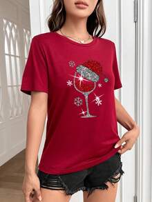 SHEIN EZwear 女士聖誕杯印花t卹 - 紅木色 - 查看 6