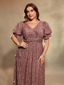 Vestido formal de manga abullonada y cuello en V talla grande UNITHORSE para fiesta, boda, invitada, noche, novia, cumpleaños, graduación, ropa de mujer para otoño - Café integral - Ver 3