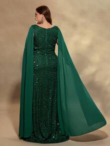 Plus Size Women Poncho Sleeve High Slit Sequin Dress - Dark Green - View 2
