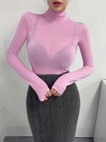 DAZY 女款高領緊身純色t恤 - 粉色 - 查看 1