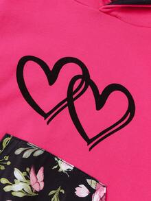 SHEIN 小女孩心形和花卉印花帽衫和褲子套裝 - 玫紅色 - 查看 3