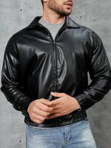Manfinity Homme Men's Solid Color Zipper Pu Leather Jacket - Black - View 3