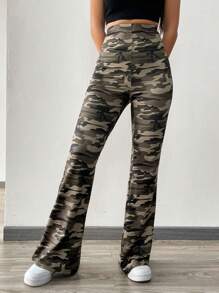 SHEIN EZwear Camouflage Print Knitted Ladies Pants - Army Green - View 5