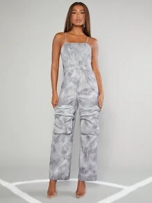 Hauture Tie Dye Zip Pocket Wide Leg Jumpsuit - Grey - View 4