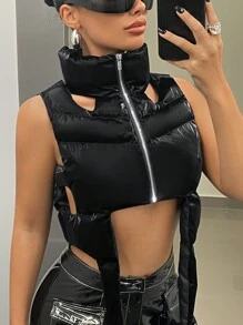 SHEIN ICON 修身不對稱高領襯墊外套 - 黑色 - 查看 4