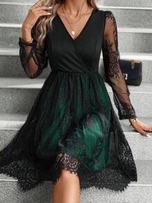 SHEIN Clasi Women's V-neck Lace Patchwork Dress - Green - View 6