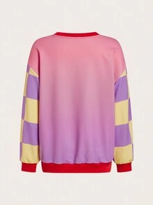 SHEINNeu In hoa Tương phản Checkered Tay áo Thả vai Áo nỉ - trái cam - Xem 2