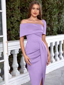 Vestido elegante asimétrico de hombros abiertos con volantes y abertura, verano - Morado - Ver 3