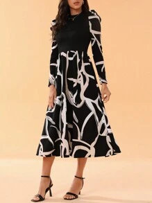 SHEIN Tall Của phụ nữ Vá lại In Ống tay áo Đầm - màu đen - Xem 4