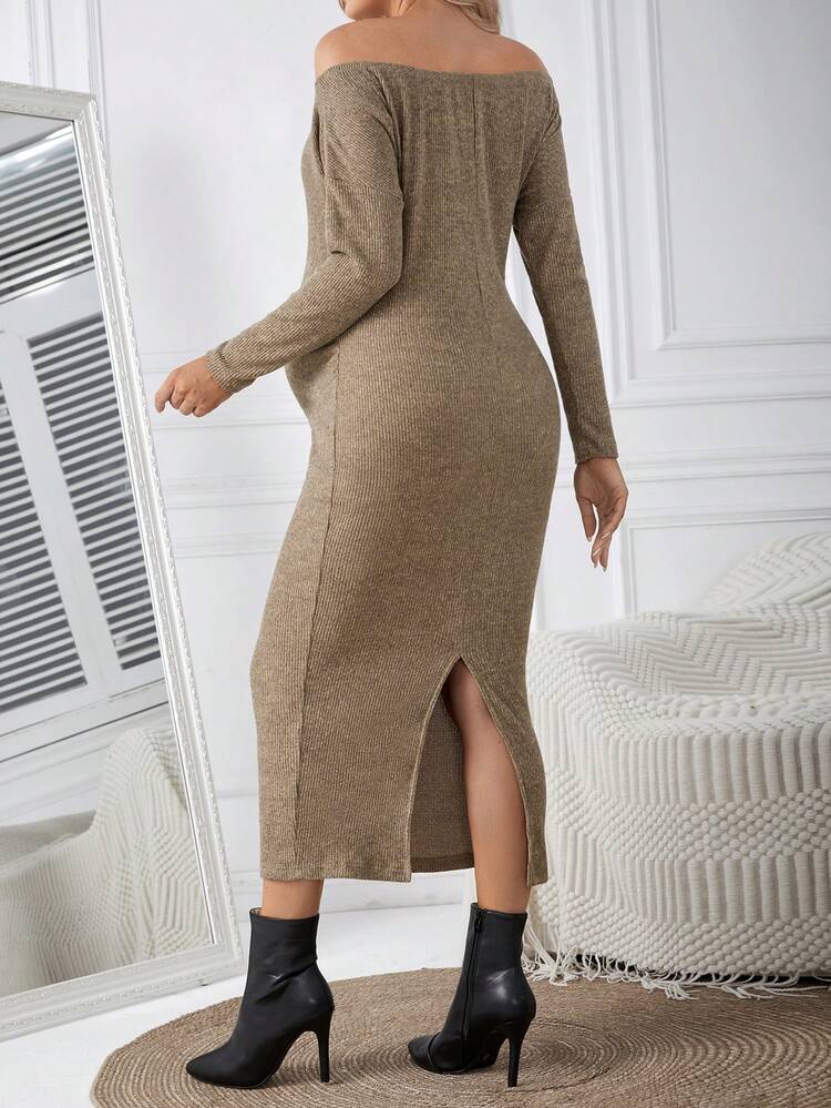 Pregnant Women'S Solid Color Slit Backless Off Shoulder Dress For Maternity
