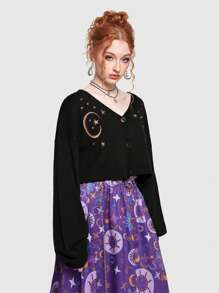 Hippie 女士月亮星星刺繡開衫 - 黑色 - 查看 6