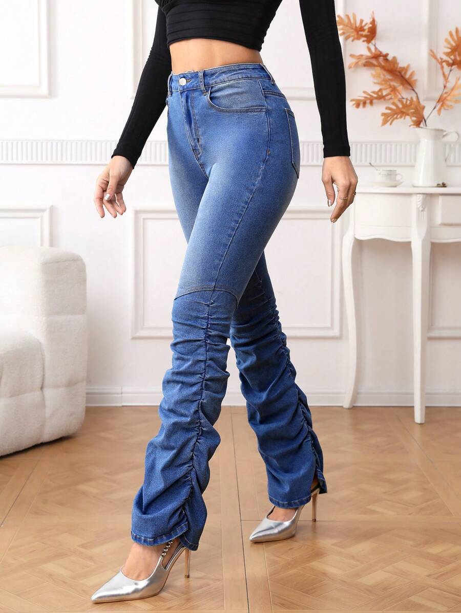 SHEIN Essnce Women's Slim Fit Jeans With Folded Hem - Medium Wash - View 1