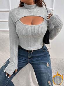 Calvaya Plus Cut Out Mock Neck Tee - Light Grey - View 1