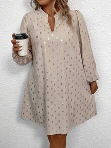 SHEIN LUNE Plus Gold Dot Print Lantern Sleeve Dress - Apricot - View 4