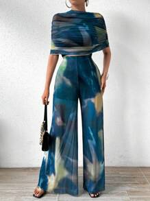 Chiquease 紮染一字肩闊腿上衣連身褲 - 藍色 - 查看 6
