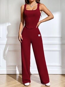 SHEIN EZwear Ladies' Double Layer Top & Long Trousers Set - Burgundy - View 5